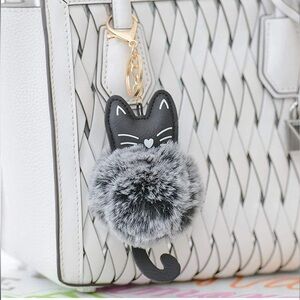 🐈‍⬛Black Cat Faux Leather Pom Pom Gold Keychain ⚡FINAL SALE